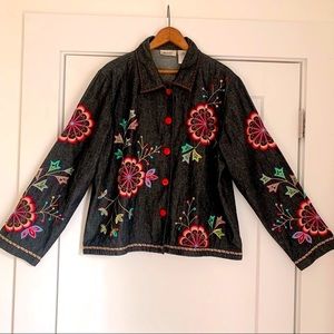 UNITS Black Denim Floral Embroidered Coat L